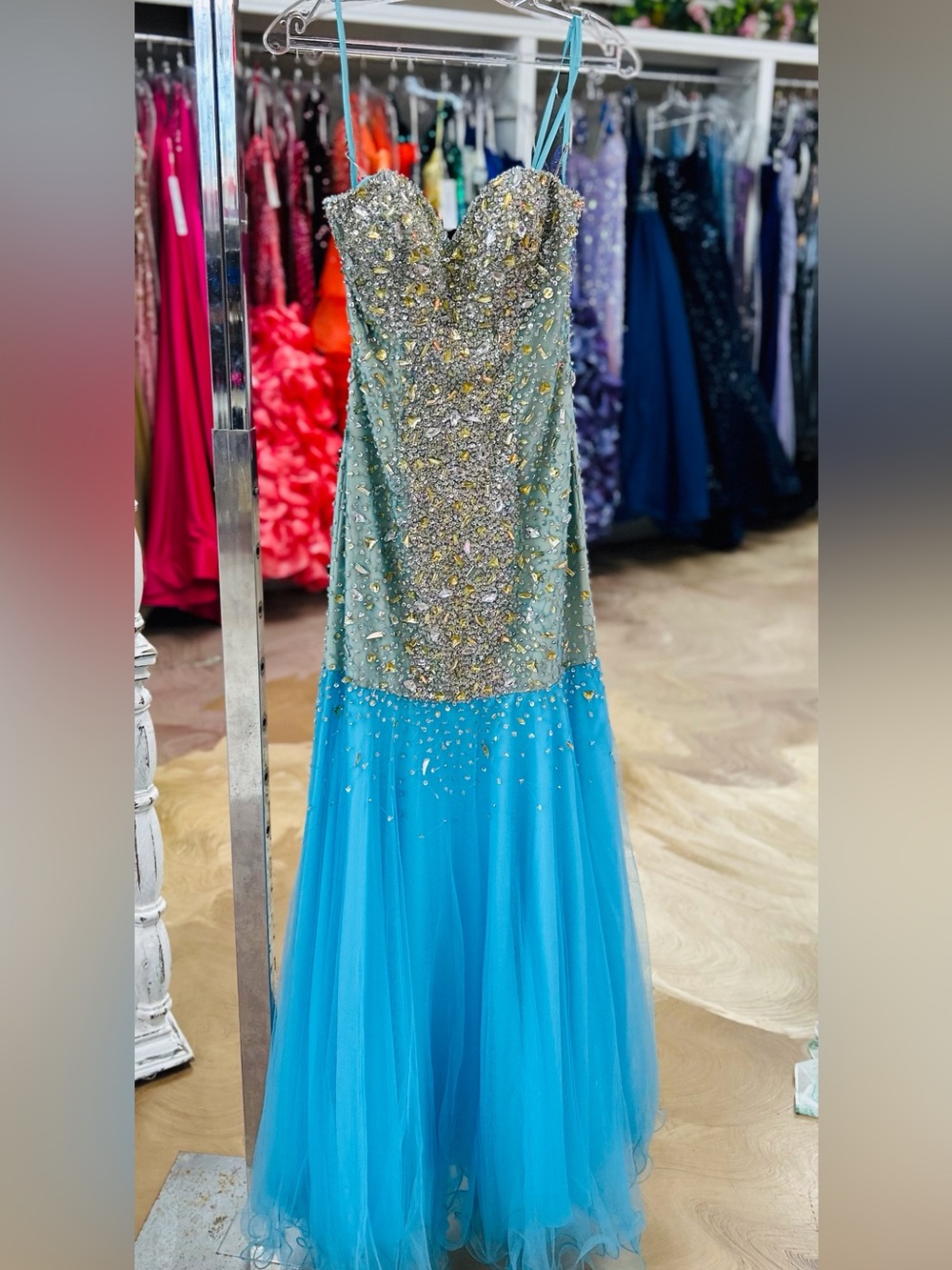 Aqua Beaded Strapless Prom Gown